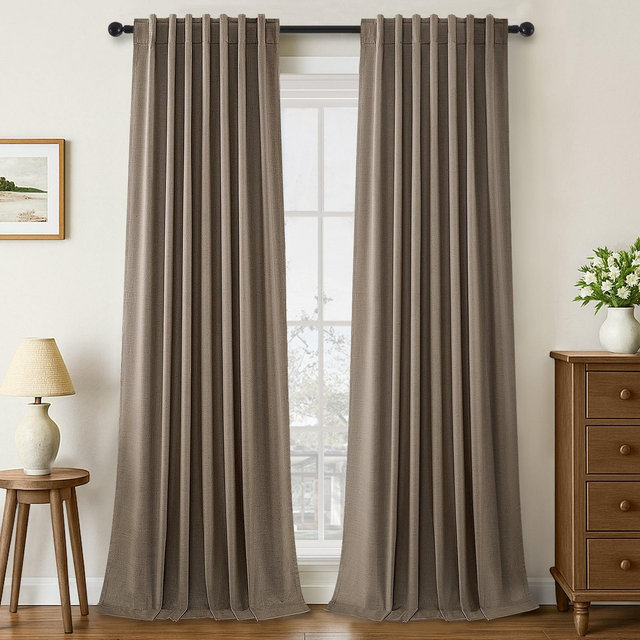 Dark Flax 100% Blackout Curtains & Drapes 84 Inch Length 2 Panels Set, Flax Linen Room Darkening Soundproof Curtains for Bedroom Living Room