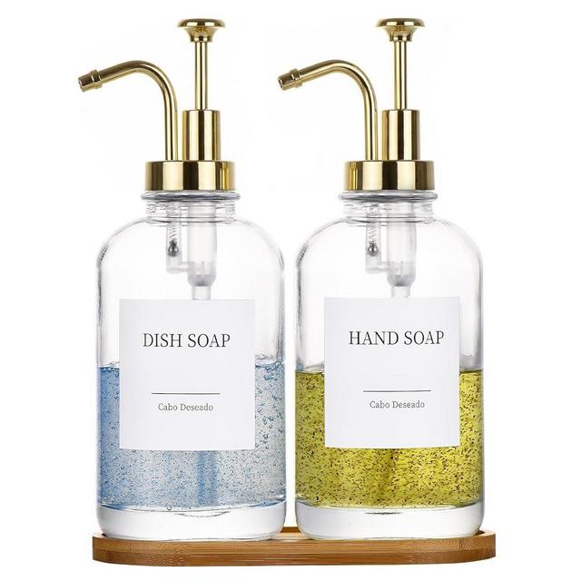 Glass Soap Dispenser with Pump, Dish and Hand Soap Dispenser for Kitchen Bathroom Set, Clear Glass Dispenser Set of 2 Pack with 18 Stickers Funnel Bamboo Tray 500ml 18oz / Each Bottle Gold Pump