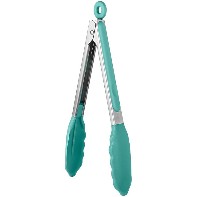 600ºF Heat Resistant Kitchen Tongs: U-Taste 9 inch Silicone Cooking Tong with Firm Sealed Non Stick Rubber Tips & Silicon Coated 18/8 Stainless Steel Handle & Smooth Locking for Serving Salad-Aqua Sky
