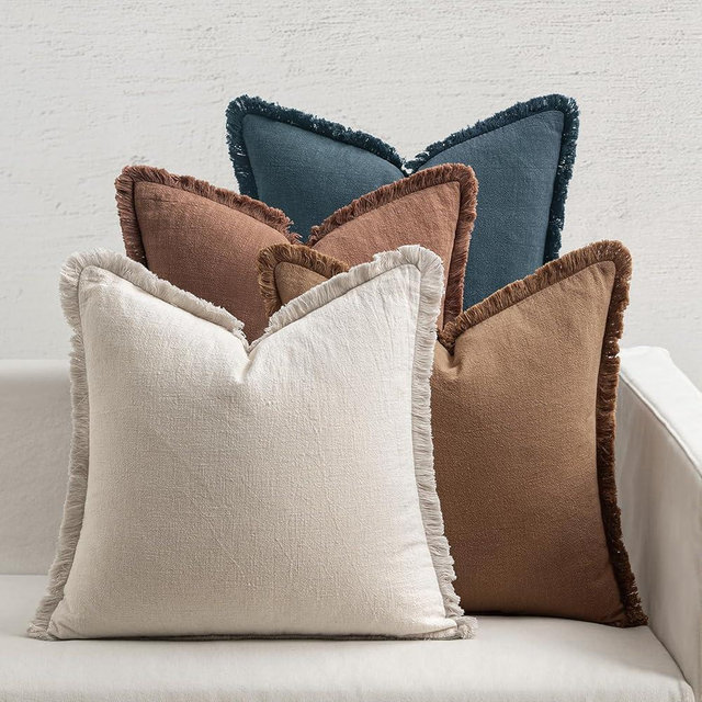 MIULEE Decorative Couch Pillow Covers Neutral Linen Fringe Throw Pillows Set of 4 Modern Rustic Cushions Boho Farmhouse Pillowcases for Bed Sofa Living Room Home Decor 20x20 Inch Beige/Brown/Blue