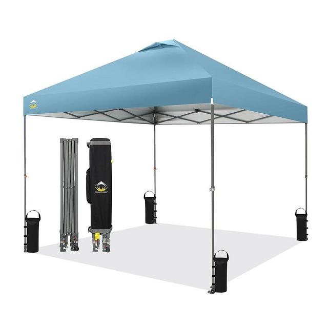 CROWN SHADES Adjustable Height on The Fly, 10x10 Pop Up Canopy - Beach Tent with One Push Setup - Easy Outdoor Sun Shade for Events, Parties, Camping - Outside Shade with STO-N-Go Bag, Cyan Blue