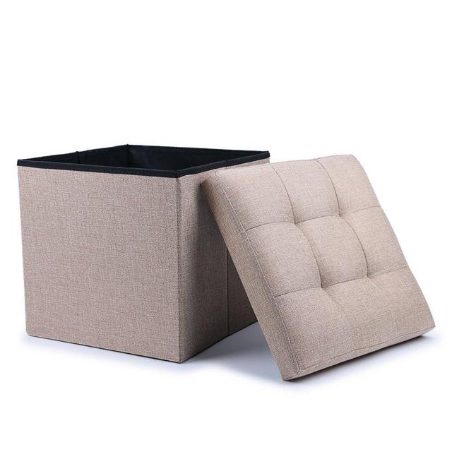 WoneNice Folding Storage Ottoman Cube Foot Rest Stool Seat (Linen Beige)
