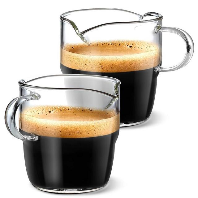 NETANY Espresso Cups Set of 2, 6 OZ Double Spouts Stackable Cups, Espresso Shots Glass Mugs with Handle, Cute Clear Glasses for Coffee Bar, Machine Accessories