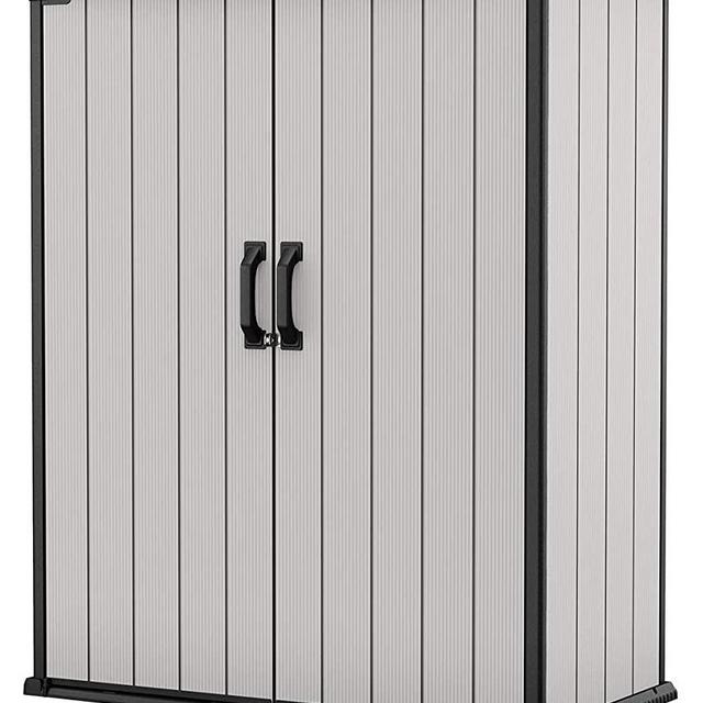 Keter Premier Tall Resin Outdoor Storage Shed with Shelving Brackets for Patio Furniture, Pool Accessories, and Bikes, Grey & Black