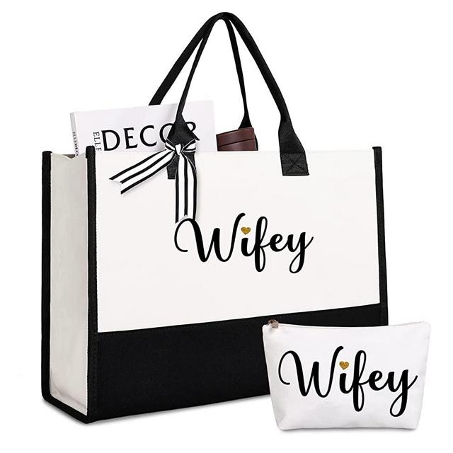 Wifey Tote Bag with Makeup Bag, Wifey Gifts for the Bride, Bridal Shower Gifts, Black and White