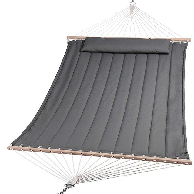 SUNCREAT Double Hammock for 2 Person, Extra Large Outdoor Portable Hammock with Hardwood Spreader Bar, Soft Pillow, 450 lbs Capacity, Grey