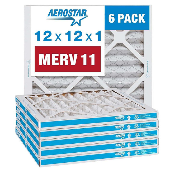 Aerostar 12x12x1 MERV 11 - 6 Count - Pleated HVAC, Furnace & Air Conditioner Filters - Removes Dust, Cold & Flu Germs, Lint, Mold, Pet Dander, Allergy-Causing Pollen, Smog & Smoke