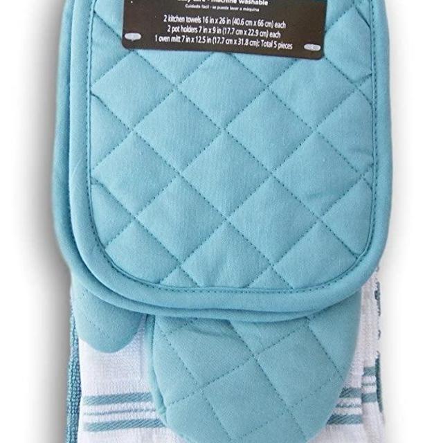 Topaz Kitchen Towel Set 5 Piece - Pot Holders, Oven Mitt and Terry Kitchen Towels