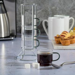 Soho Lounge 4-Piece Stackable Glass Espresso Cup Set with Rack