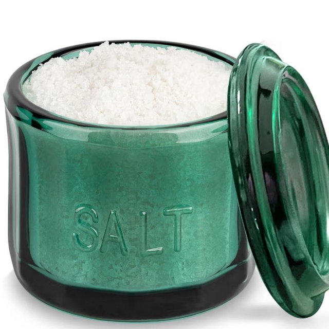 KooK Glass Salt Cellar, with Lid, Embossed Pressed Glass, Clear Storage Container, for Coffee, Sugar, Spices and Candies, 10 oz (Emerald Green)