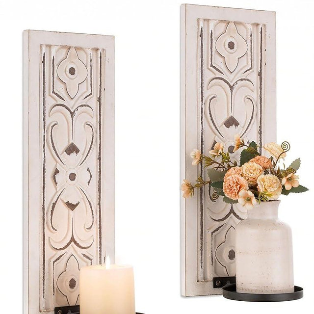 Walasis Rustic Candle Sconces Wall Decor Set of 2 - White Farmhouse Art Distressed Thickened Candles Shelf for Bathroom Bedroom Fireplace - Wood Wall Candle Holders for Pillar Candles Plants