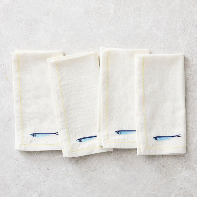 Sardine Embroidered Napkin, Flax, Set of 4