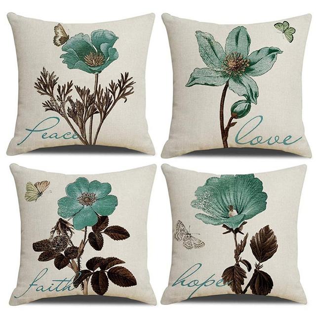 Jasfura Set of 4 Spring Teal Flower Throw Pillow Covers 18x18 Inch Decorative Couch Pillow Cases Cotton Linen Case Square Cushion Covers for Living Room, Bed, Sofa and Car (Teal)