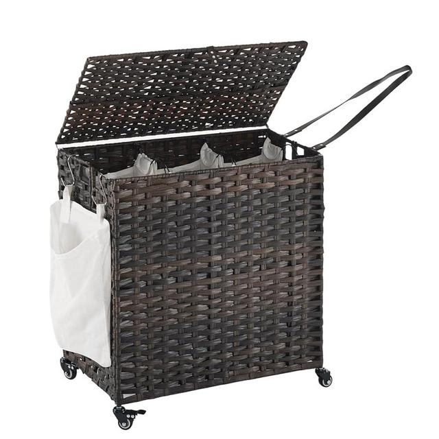 Laundry Hamper with Wheels, 39.6 Gallon(150L) Rolling Laundry Basket with Lid, 3-Section Rattan Clothes Hamper with 3 Removable Liner & 3 Mesh Laundry Bags, Laundry Sorter with Side Pocket, Brown