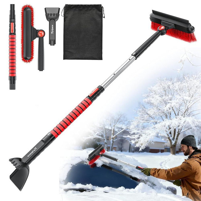 TrySpace All-Around High-Efficiency Cleaning 39 inch Extendable Snow Brush and Ice Scraper with Squeegee, Ice Scrapers for Car Windshield, Truck, SUV Snow Removal Tool, Winter Car Accessories