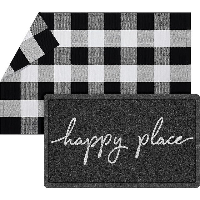 Geelin 2 Pcs Happy Place Doormat 30'' x 18'' Rustic Buffalo Outdoor Rug 43'' x 27.5'' Door Mats for Front Door Farmhouse Outdoor Doormats for Indoor Outside Entryway