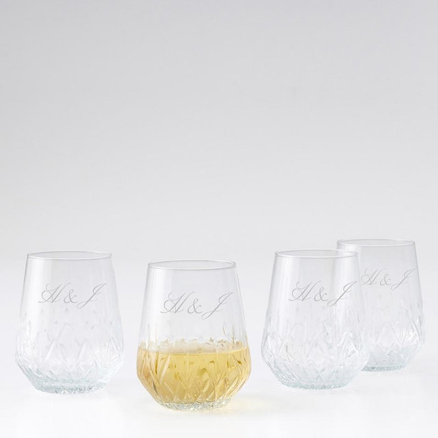 Classic Etched Stemless Wine Glasses, Set of 4