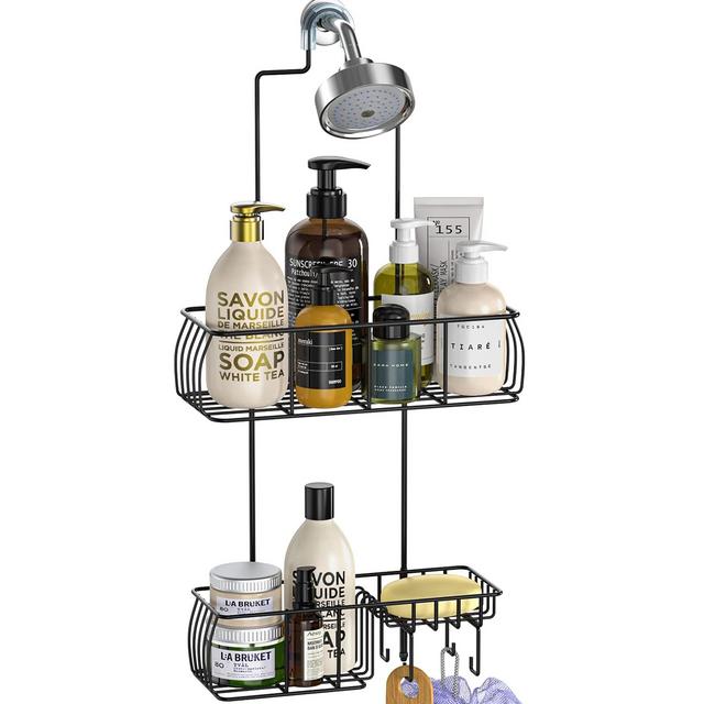 Epicano Anti-Swing Hanging Shower Caddy, Over Head Shower Caddy Rustproof with hooks for Towels, Sponge and more, Metal Black