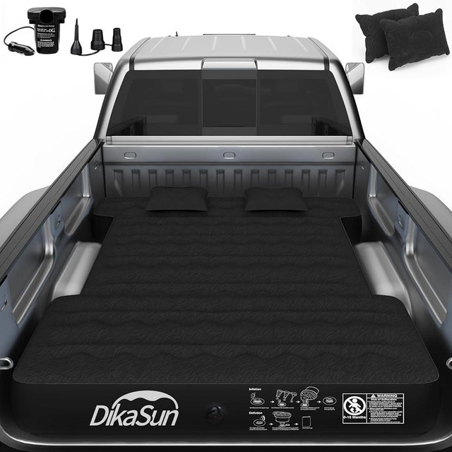 DikaSun Truck Bed Mattress, Truck Bed Air Mattress for 5.5-5.8ft Full Size Short Beds, Inflatable Camping Air Mattress, Truck Tent Accessories with Pump & Carry Bag(A-Black)