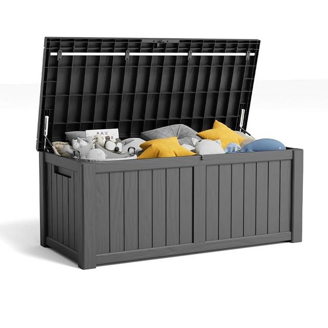 120 Gallon Deck Box, Large Resin Outdoor Storage Box Waterproof, Outside Deck Box with Lockable Lid for Patio Furniture, Pool Tools, Outdoor Equipments and Garden Tools, Black