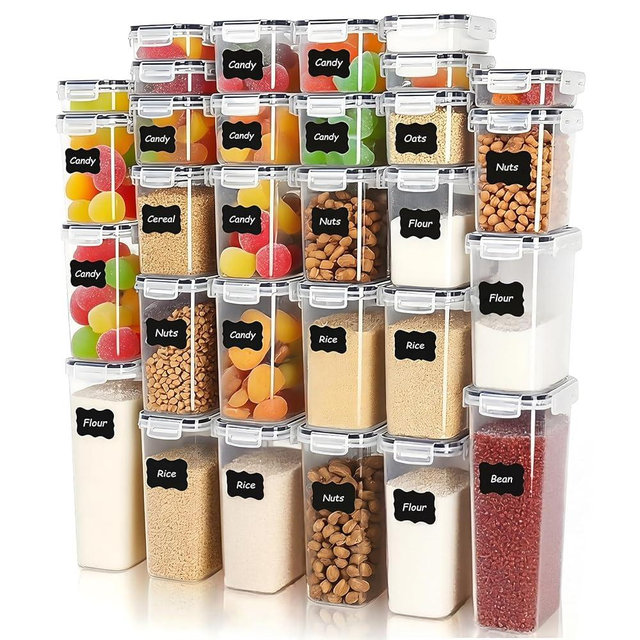 Asnews 30 PCS Airtight Food Storage Containers with Lids, BPA Free Clear Plastic Kitchen and Pantry Organization and Storage Set for Flour, Sugar, Cereal, Pasta, Includes 30 Labels and Marker