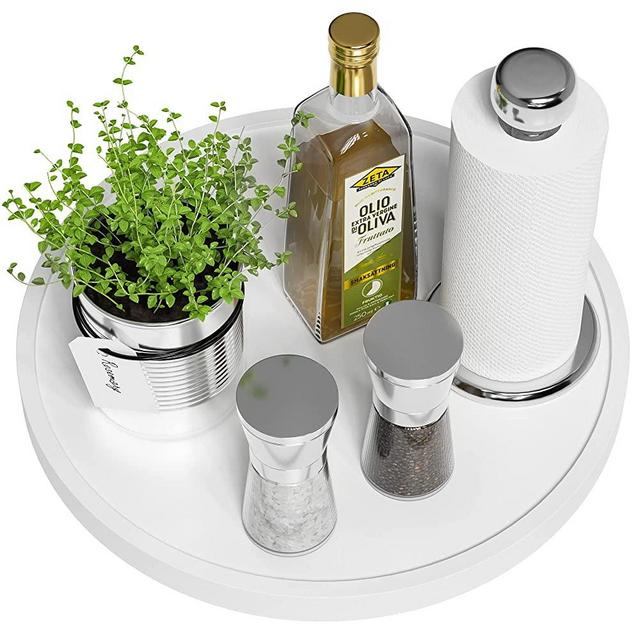 White Lazy Susan for Table, 12 Inch Non-Skid Bamboo Turntable Organizer for Salt Pepper Spices and Olive Oil Next to Stove, Wooden Lazy Susan Organizer for Kitchen Countertop Organizer