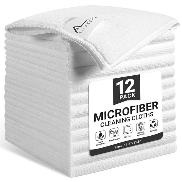 SIFANGKE Microfiber Cleaning Cloth, 12 Pack Lint-Free and Highly Absorbent Rags, White Reusable Microfiber Towels for Car, Kitchen, Bathroom and Household Cleaning Supplies, 11.8"X11.8"