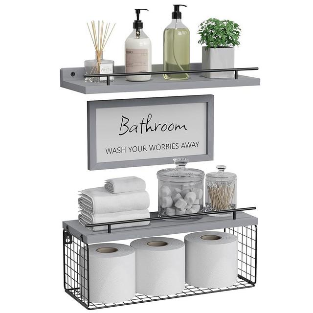 WOPITUES Floating Shelves for Bathroom Wall Decor Sign, Bathroom Organizers and Storage, Bathroom Shelves Over Toilet with Metal Guardrail-Modern Grey