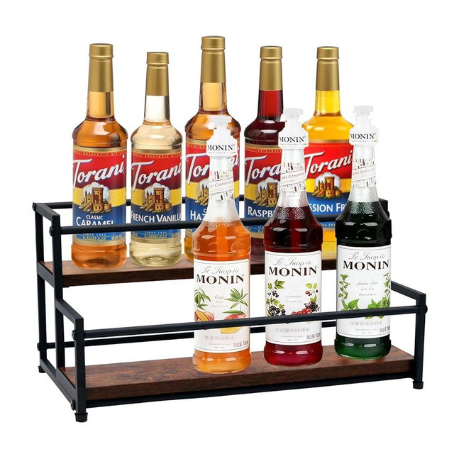 Coffee Syrup Rack Organizer - 2-Tier 10 Syrup Bottles Holder for Coffee Bar, Liquor Bottle Display Shelf - Rustic Kitchen Cabinet for Spices, Jars - Stepped Pantry Shelf for Syrup, Wine, Tea & Coffee