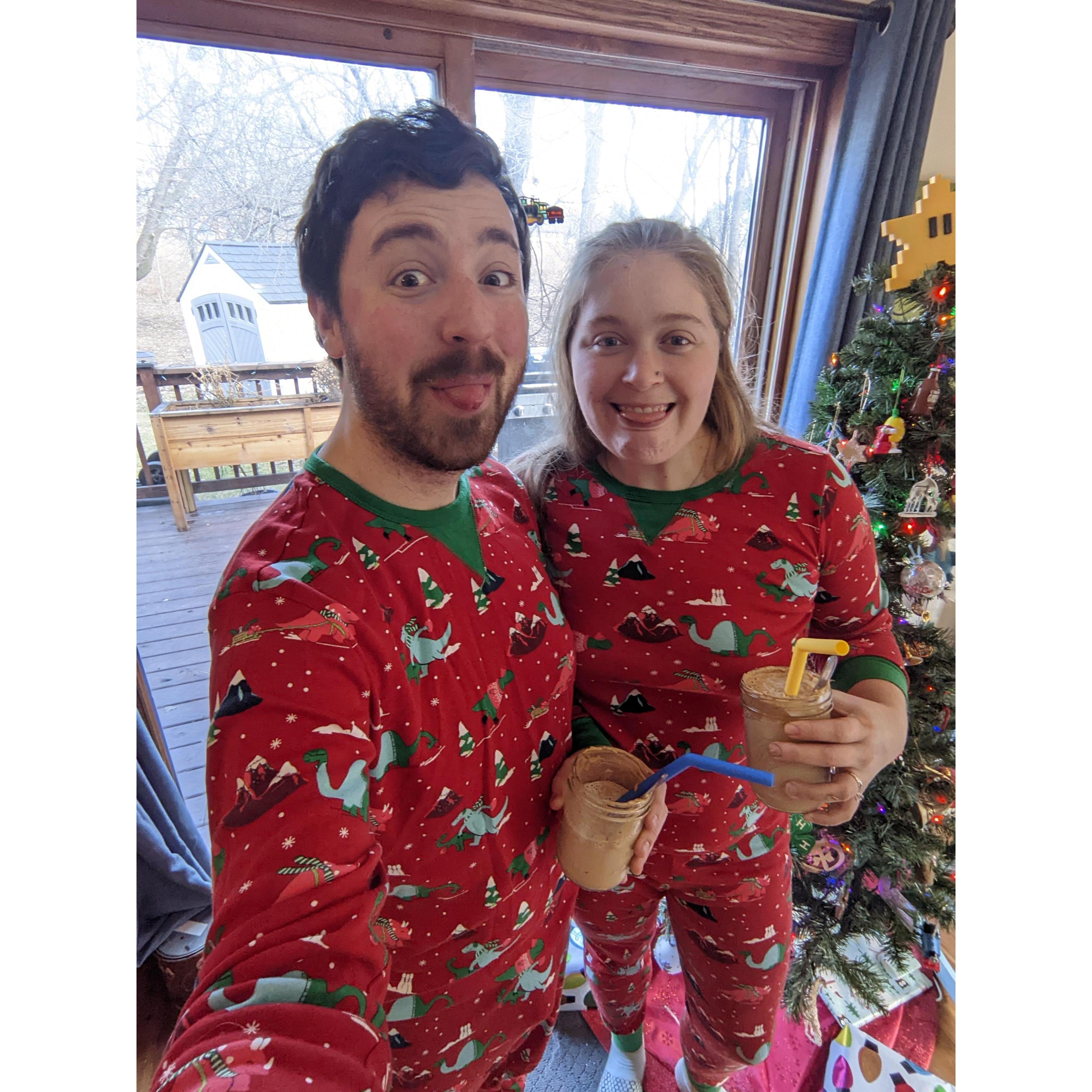 Celebrating Christmas Morning with matching PJs and fancy coffee before hosting family at our house for the first time!