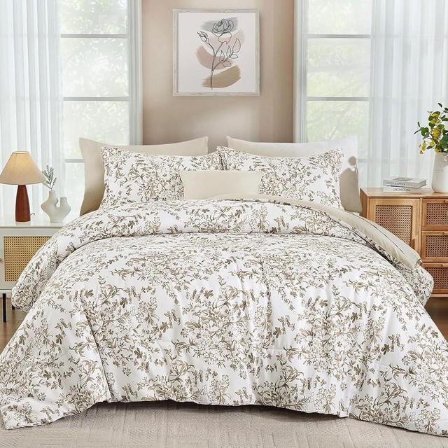 WONGS BEDDING Comforter Set King Size, 8 Pieces Brown Floral Botanical Comforter Sets, Bed in a Bag Soft Lightweight Microfiber Bedding Sets for All Seasons (90"x104")