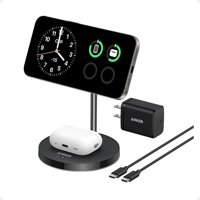 Anker MagSafe Compatible MagGo Charger Stand, iPhone 17 Wireless Charger, 2-in-1 Charging Station, Qi2 Certified 15W Fast Charging, for iPhone 17/16/15/14/13/12, AirPods Pro (White, No Adapter)