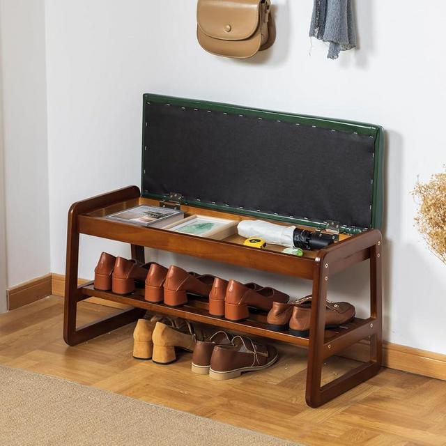 SOBIBO Solid Wood Shoe Bench, 2-Tier Entryway Bench with Cushion and Flip-Open Storage Box, Mid-Century Modern Shoe Bench Rack for Hallway, Mudroom(Green, 31.5'')
