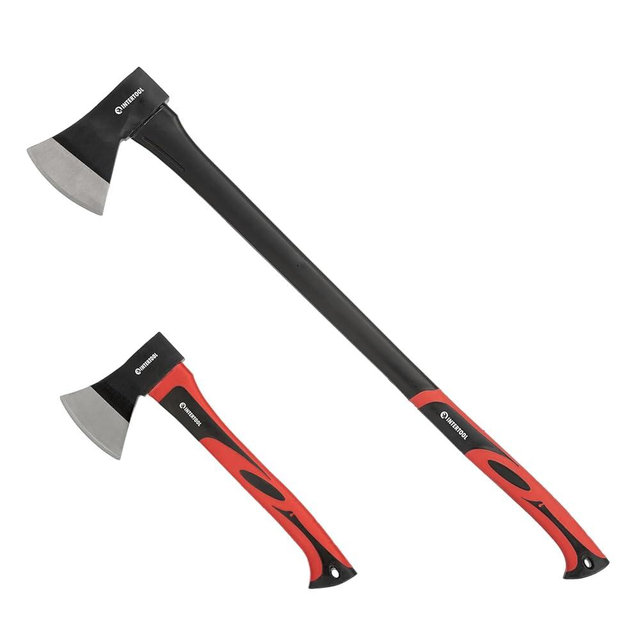 INTERTOOL 15” Hatchet and 36” Chopping Axe Set - Small Ax and Tree Felling Tool with Shock Absorbing Fiberglass Handles & Blade Protectors HT-0261-0264