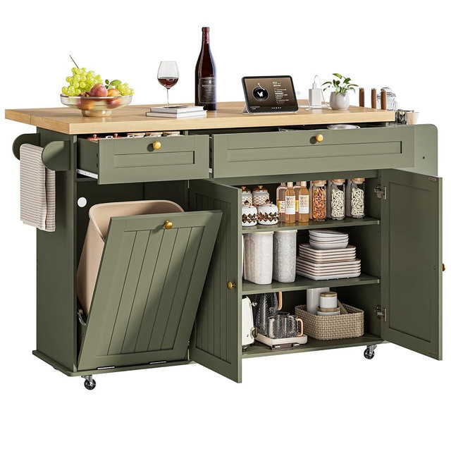 60" Kitchen Island with Power Outlet & Drop Leaf, Kitchen Rolling Island with Spice Rack & Towel Rack, Knife Holder, Kitchen Island Cart with Trash Storage Cabinet, Mobile Island Table for Kitchen