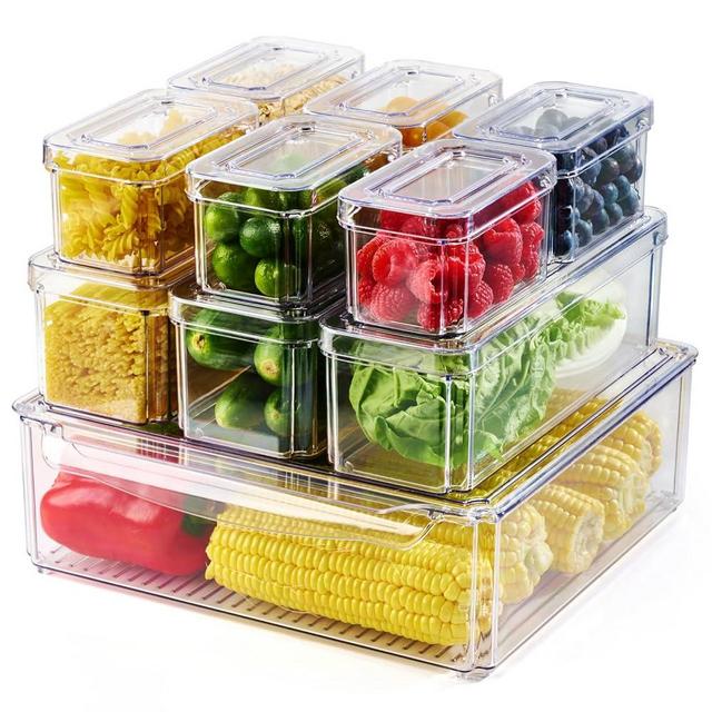 Luckore 10 Pack Clear Fridge Organizer, Stackable Refrigerator Organizer Bins with Lids, Fridge Storage Containers for Kitchen, Food, Cabinets, Fridge, Fruits, Vegetables, Cereals