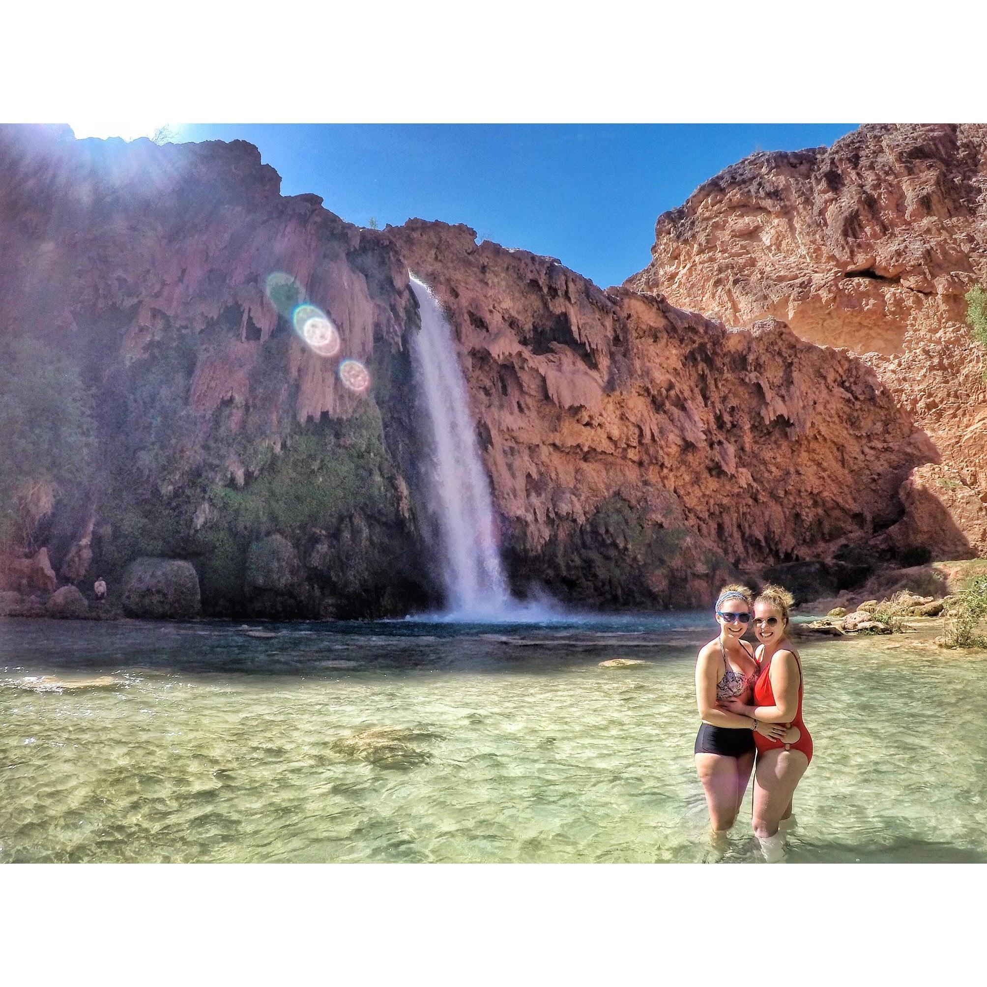 At one of the waterfalls in Havasupai Falls! Our group had an amazing time, but this photo doesn't show the terrifying cliff we had to scale to get there!