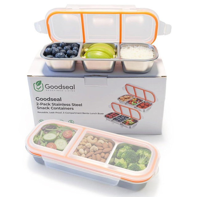 Goodseal Stainless Steel Snack Containers 3-Compartment Bento Lunch Box with Leakproof Lids, Reusable Metal Food Storage for Kids & Adults, Lunchables, School, Office, Travel, Camping – 2 Pack