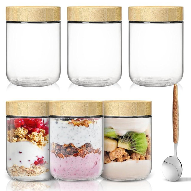Overnight Oats Containers with Lids,16oz Wide Mouth Glass Mason jars with Bamboo Lid,Oatmeal Containers with Airtight Lid and Spoons,Meal Prep Jars for Yogurt,Chia Pudding,Snacks,Salad,Spice(6Pack)