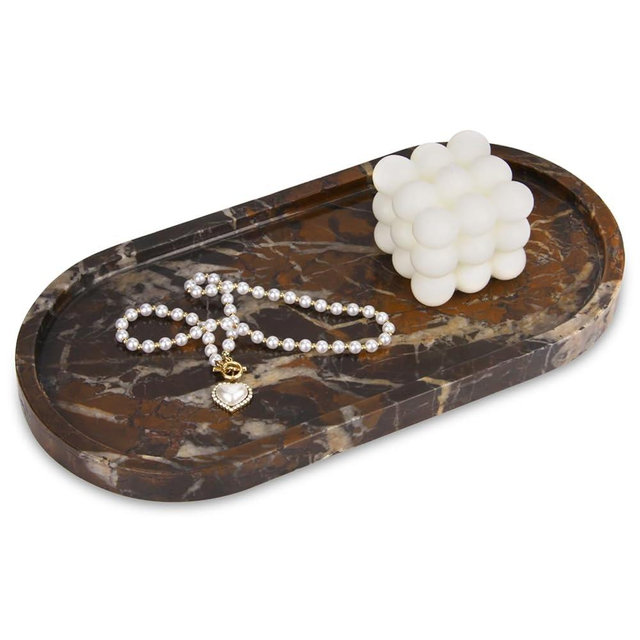Oval Marble Bathroom Vanity Tray, Natural Luxury Marble Home Kitchen Bathroom Table Tray, Stone Decorative Countertop Tray for Coffee Perfume Jewelry (Black Gold, 12" x 6" x 0.8")