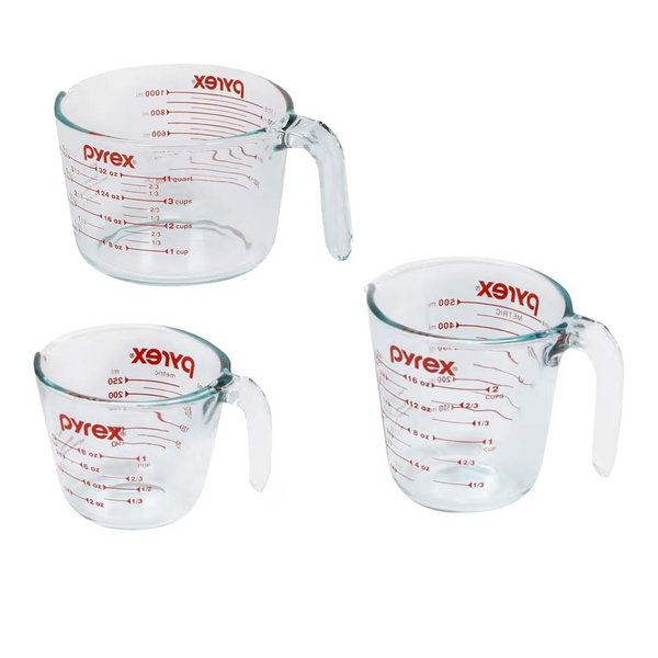 Pyrex Essentials (3-Pack) Glass Measuring Cups Set, (1, 2 & 4 Cup) Measuring Cups For Prepping, Baking and Cooking, Preheated Oven, Dishwasher, Freezer, and Microwave Safe