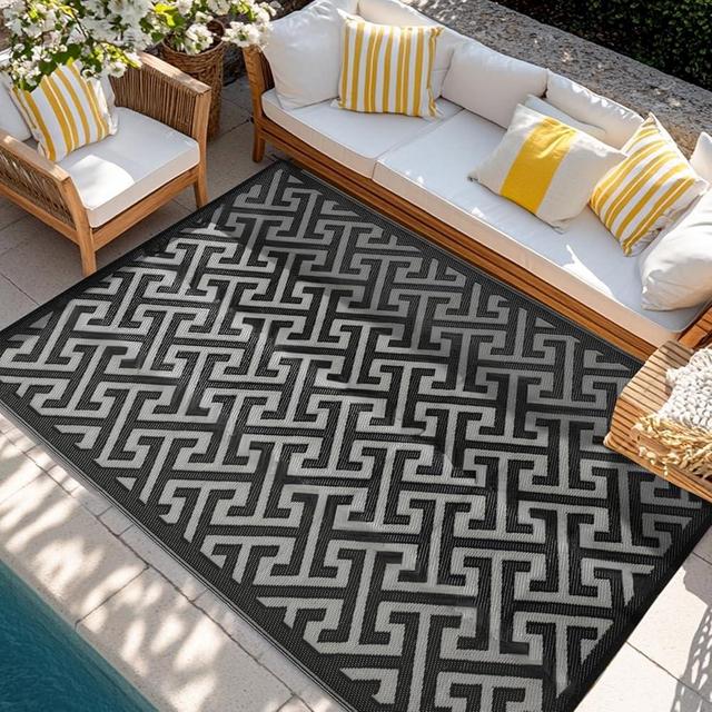 Waterproof Outdoor Rug 8x10 ft, Reversible Plastic Straw Rug, Easy to Clean Patio Rug, Portable Carpet for Patio, RV, Deck, Balcony, Backyard, Picnic, Beach, I-Shaped, Black