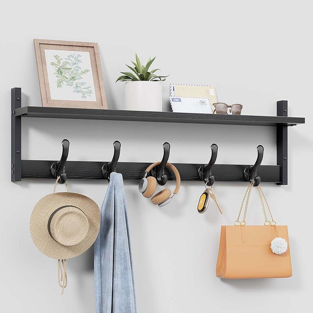 Tatub 29" Rustic Coat Rack Wall Mount with Shelf, Wall Hooks with Shelf, Entryway Floating Shelf with 5 Metal Hooks, Coat Hangers for Entryway, Living Room, Bedroom, Black