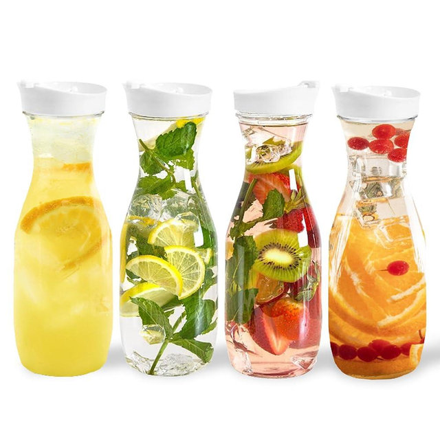 DilaBee Plastic Water Pitcher With Lid Round Carafe Pitchers for drinks, Milk, Smoothie, Iced Tea, Mimosa Bar - BPA-Free - Not Dishwasher Safe (4-Pack, 32 Ounce)