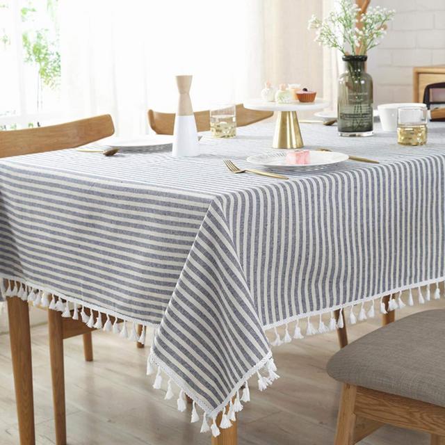 AMZALI Stripe Tassel Tablecloth Cotton Linen Stain Resistant/Dust-Proof Table Cover for Kitchen Dinning Tabletop Decoration (Rectangle/Oblong,55 x 71 Inch, Blue)