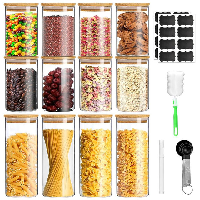 ANVOSCI Glass Jars with Bamboo Lids Set of 12,Glass Storage Containers with Airtight Lids Storage Jars Food Storage Containers for Pasta,Flour,Cereal,Sugar,Cookie