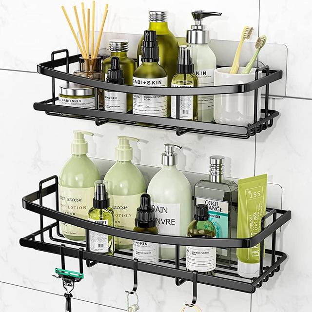 Shower Caddy Shower Organizer Adhesive Shower Shelf AUOTTO,Rustproof No Drilling SUS304 Stainless Steel for Bathroom Shower Storage Organization,2 Pack with 4 Hooks, Matte Black