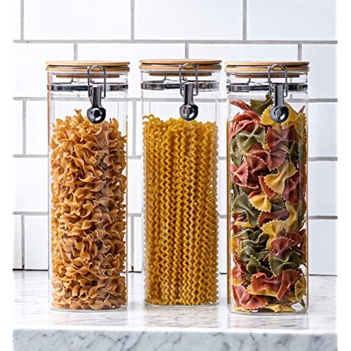 Set of 3 Tall Canisters, Glass Kitchen Canister with Airtight Bamboo Clamp Lid, Glass Storage Jars for Kitchen, Bathroom and Pantry Organization Ideal for Flour, Cereal, Sugar, Coffee, Candy and More…
