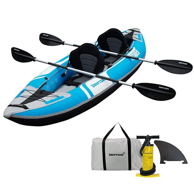 Driftsun Voyager 2 Person Tandem Inflatable Kayak, Includes 2 Aluminum Paddles, 2 Padded Seats, Double Action Pump and More