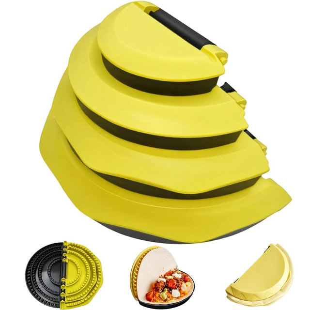 4-in-1 Nesting Tortilla Sealer & Crimper | 4/6/8/10-inch Sizes for Tortilla Wraps, Quesadillas, Burritos, Tacos, Dumplings & More | BPA-Free, Seal, Easy to Store, Dishwasher Safe, Yellow & Black
